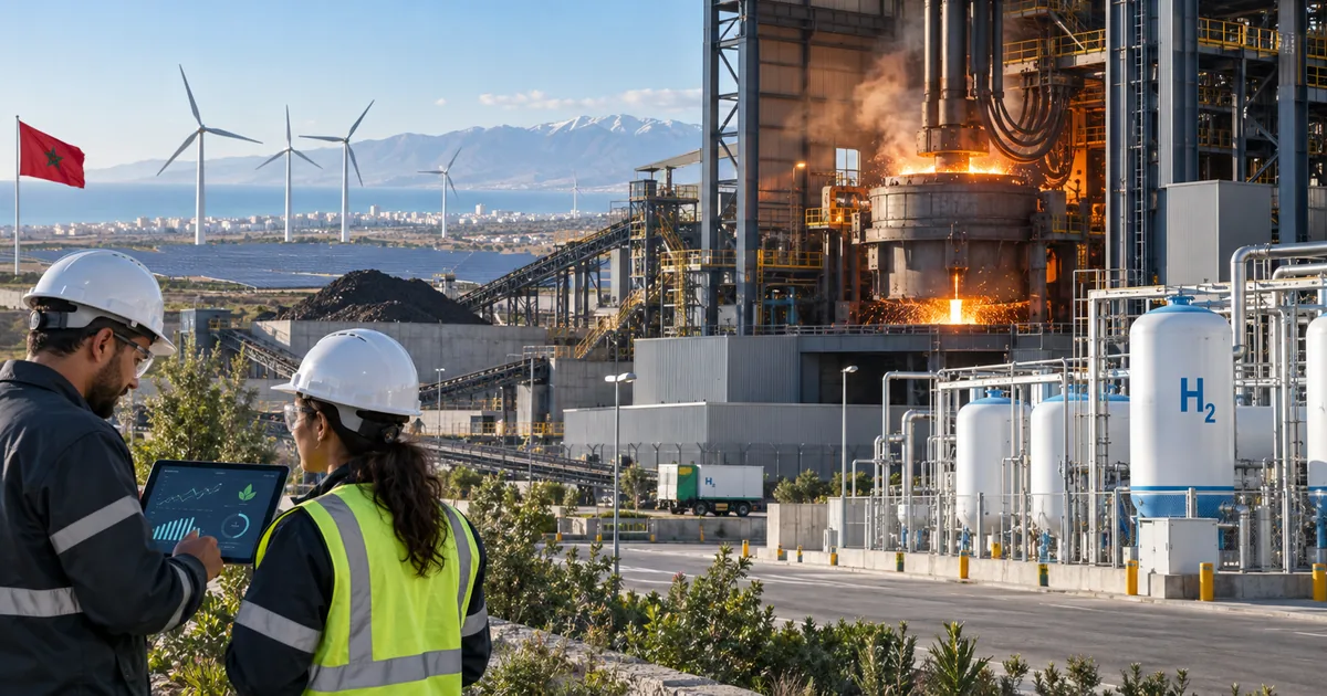 Ingénieurs marocains contrôlant une aciérie alimentée par renouvelables et une installation d’hydrogène propre.