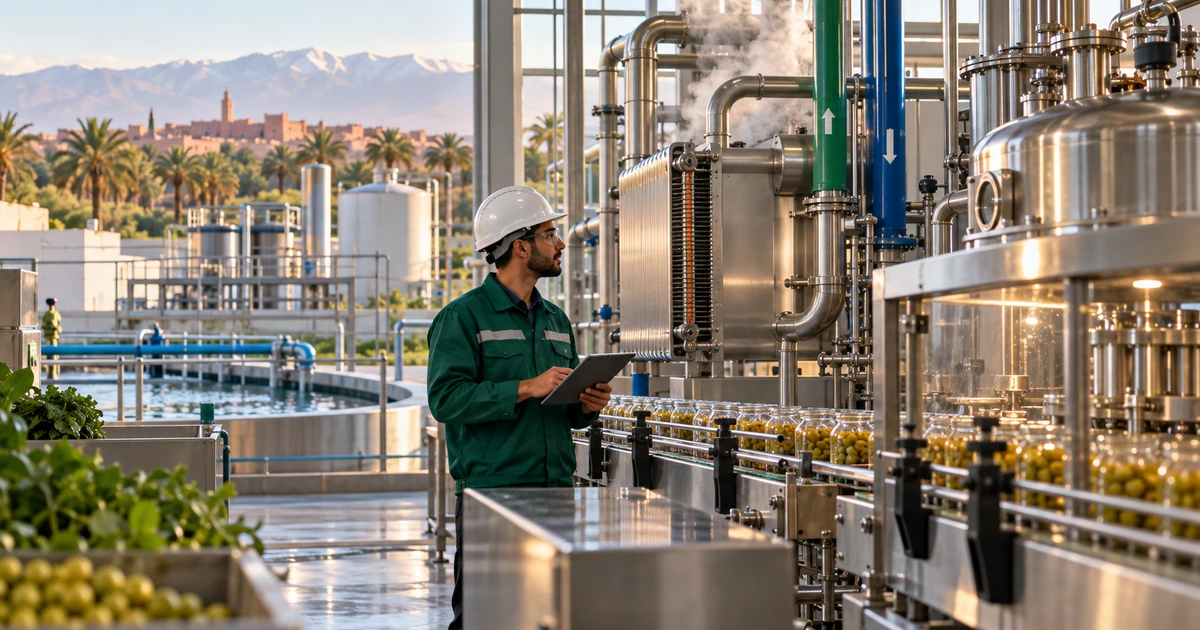 Ingénieur marocain suivant une ligne agroalimentaire avec vapeur, traitement de l’eau et équipements inox.