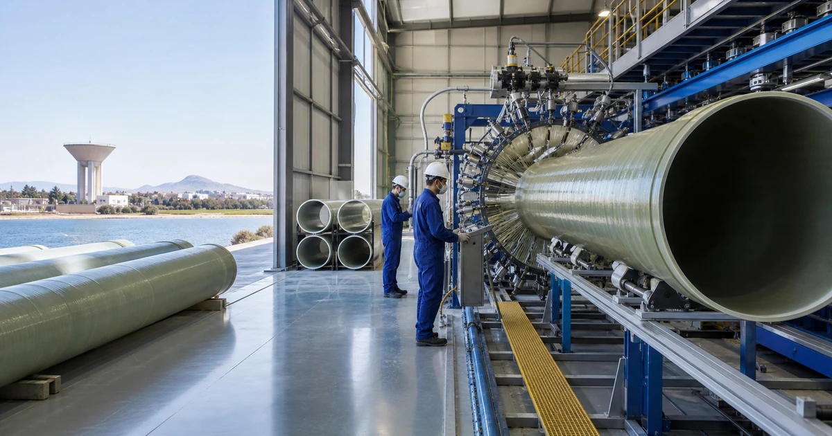 Atelier marocain fabriquant des canalisations PRV avec fibre de verre, machine d’enroulement et suivi énergie