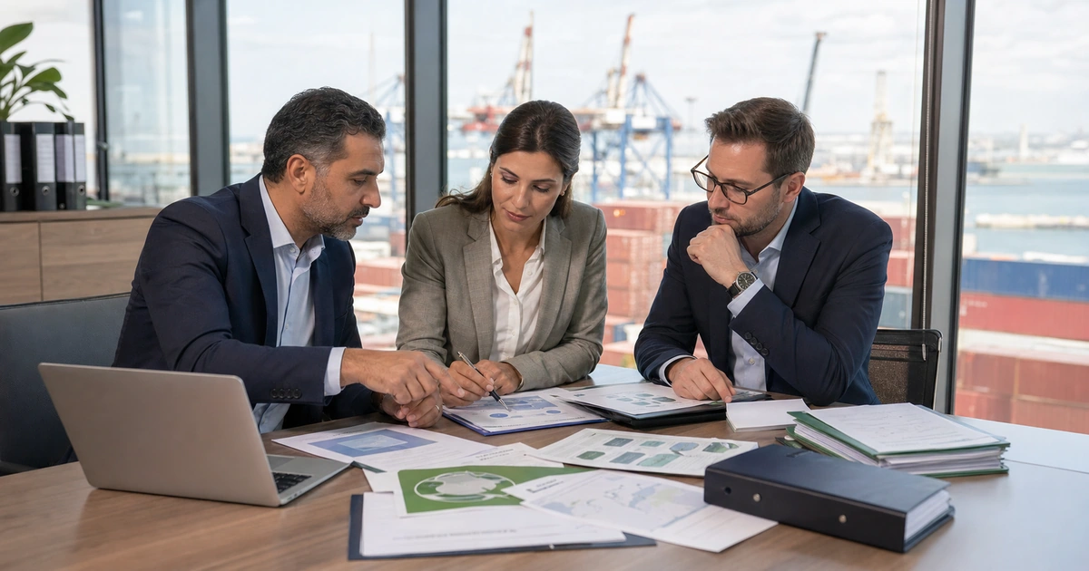 Equipe export marocaine verifiant statut declarant CBAM autorise, dossier douane UE et preuves carbone au port