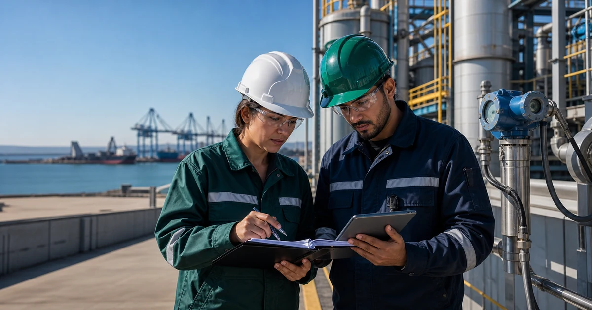 Vérificateurs marocains préparant un dossier CBAM dans une installation industrielle proche d’un port