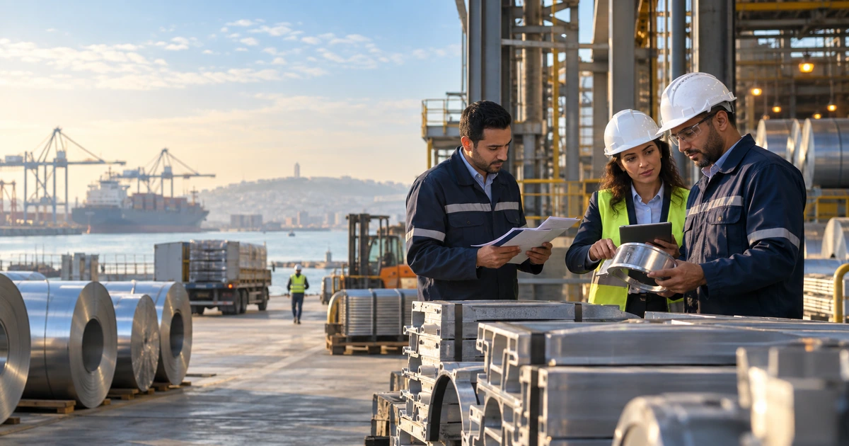 Équipe marocaine reliant des bobines métalliques, des précurseurs et des preuves d’émissions près d’un port d’exportation.