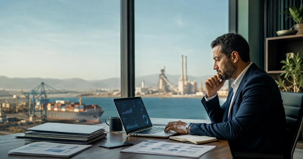 Responsable export marocain préparant un budget carbone devant un port industriel et un ordinateur de suivi