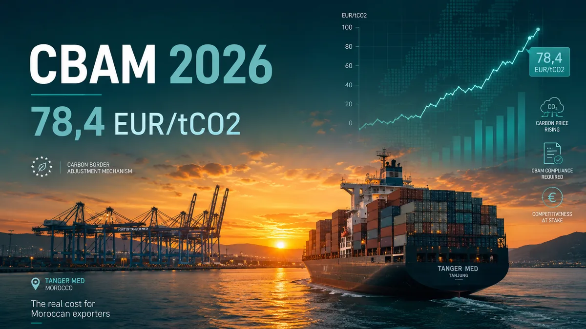 Cargo porte-conteneurs quittant le port de Tanger Med avec graphique de prix CBAM en surimpression pour exporter vers l'Union européenne