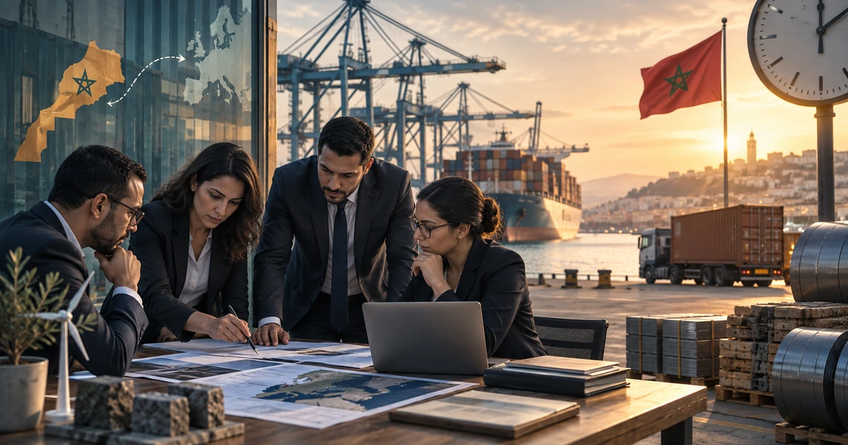 Équipe export marocaine préparant le prix CBAM du troisième trimestre devant le port de Tanger Med.