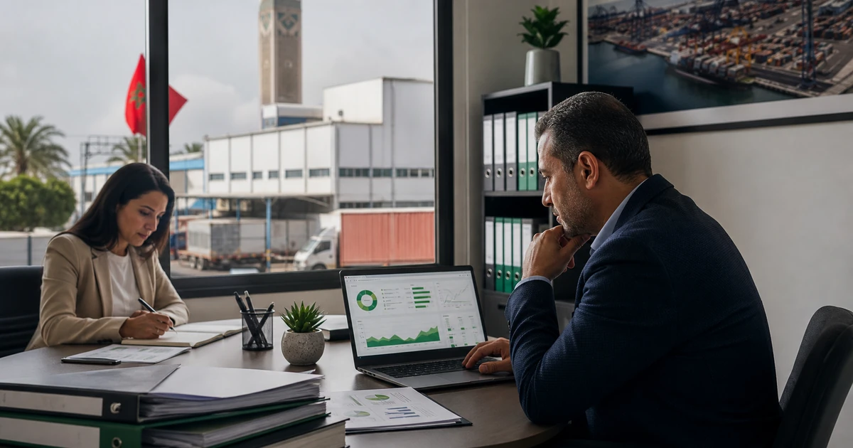 Dirigeante de PME marocaine analysant un questionnaire ESG client européen avec un atelier industriel en arrière-plan