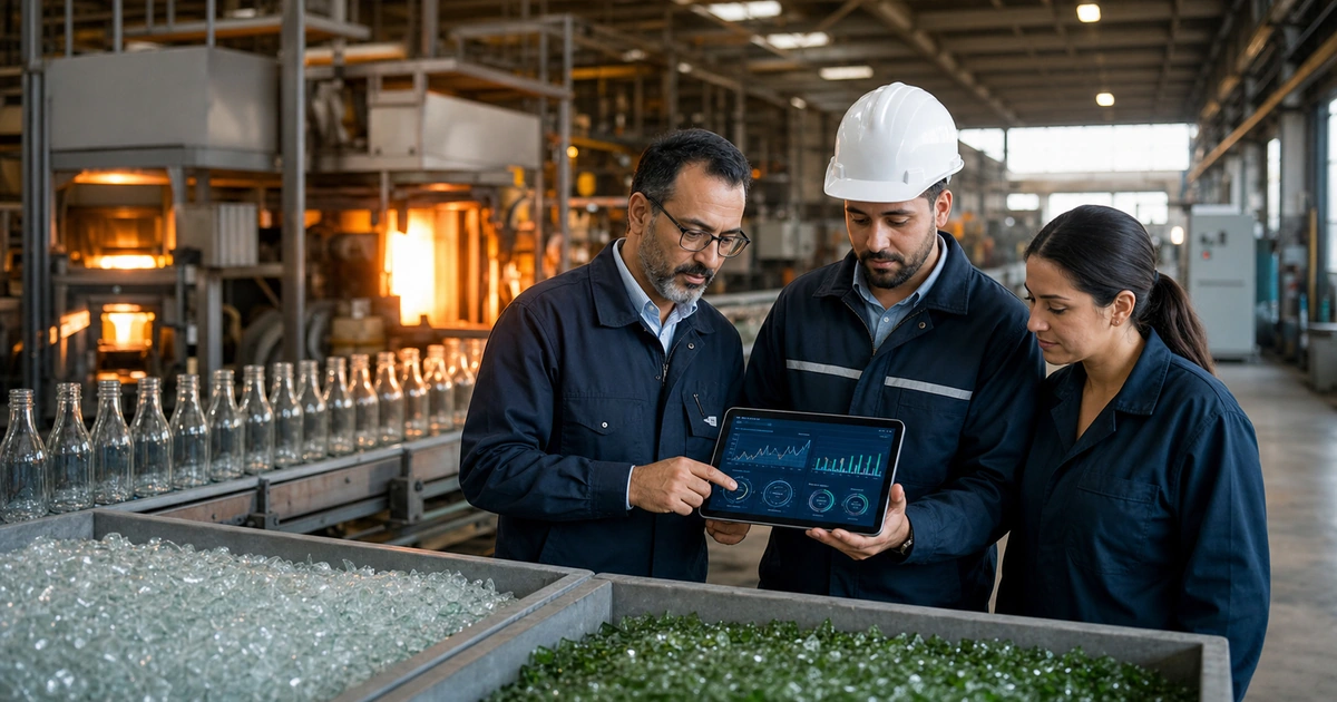 Usine marocaine d’emballage verre avec four, bouteilles, calcin recyclé et suivi énergie carbone
