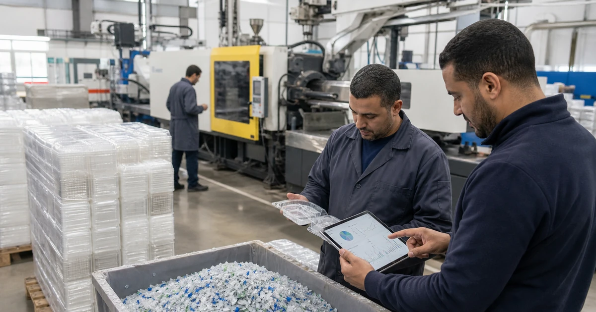 Atelier marocain d’emballages plastiques avec ligne de production, paillettes recyclées et suivi énergie