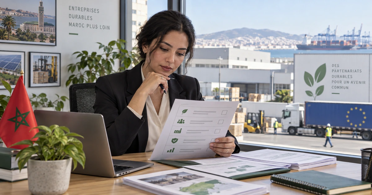Responsable RSE marocain préparant une réponse ESG structurée face à une chaîne logistique Maroc-UE.