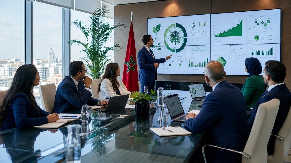 Réunion de dirigeants de PME marocaine analysant des rapports ESG sur écran, symbolisant le reporting de durabilité VSME