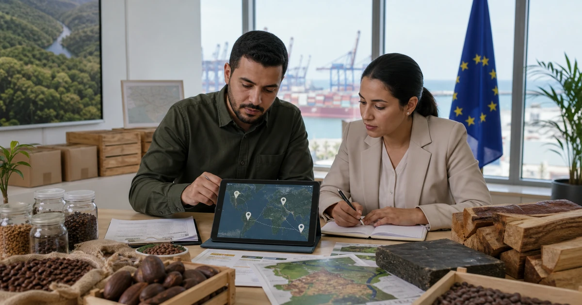Equipe marocaine préparant une traçabilité EUDR avec carte géographique, produits et documents export