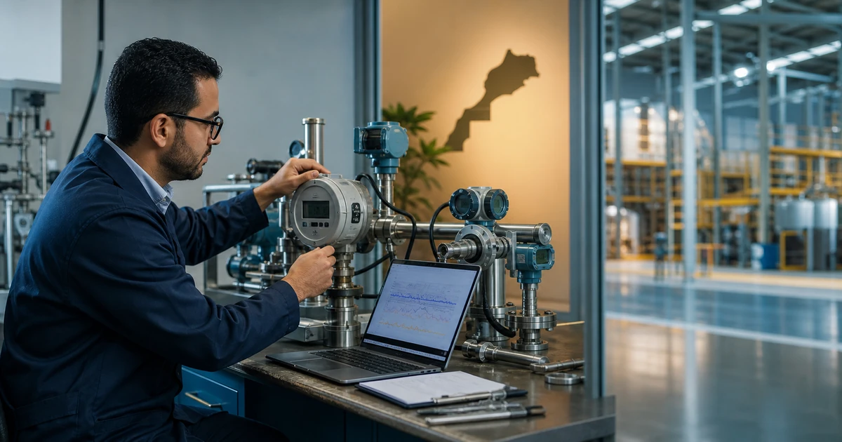 Ingénieur marocain vérifiant des débitmètres et compteurs d’énergie calibrés dans un laboratoire industriel