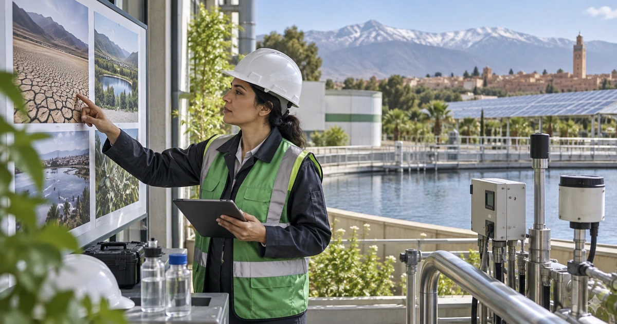 Responsable environnement marocaine examinant un risque climatique près des équipements de mesure d’une usine.