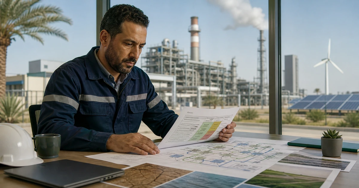 Responsable environnement marocain reliant risques climatiques et processus industriels dans une usine