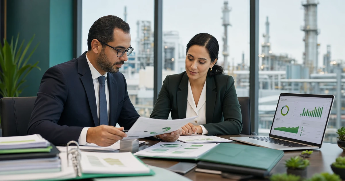 Auditeur et responsable ESG marocains vérifiant des preuves de durabilité et données carbone en entreprise