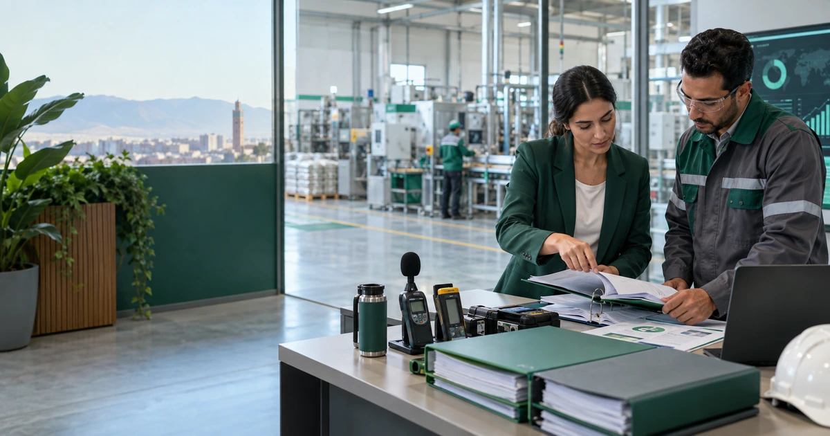 Responsables d’une PME industrielle marocaine contrôlant des instruments de mesure et un inventaire de gaz à effet de serre.