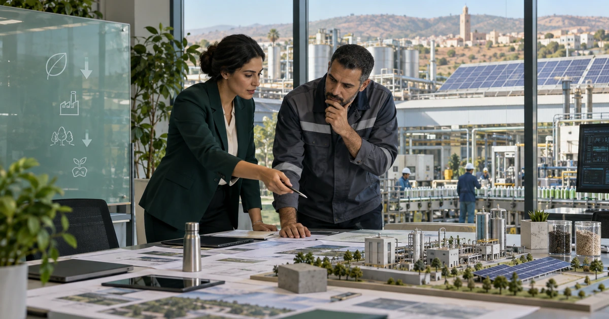 Direction industrielle marocaine reliant réduction des émissions, énergie solaire et décisions d’investissement.