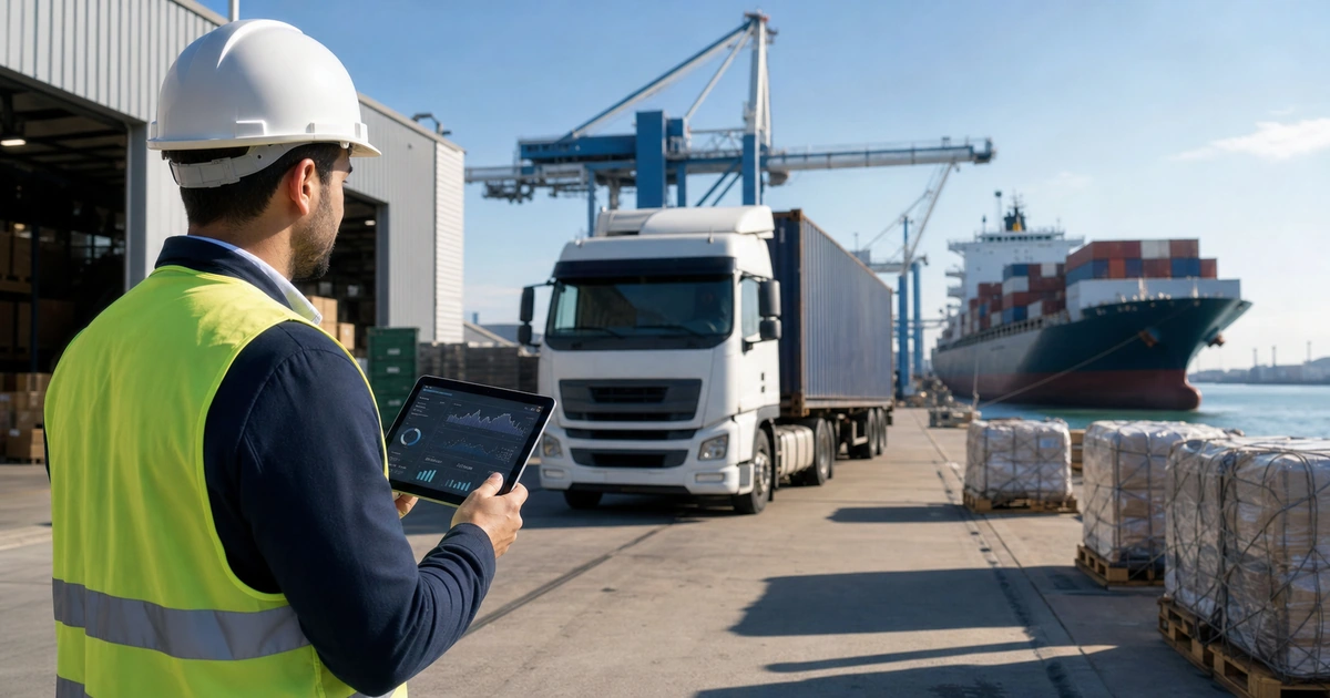 Chaîne logistique marocaine avec camion, port, navire et calcul carbone transport selon ISO 14083