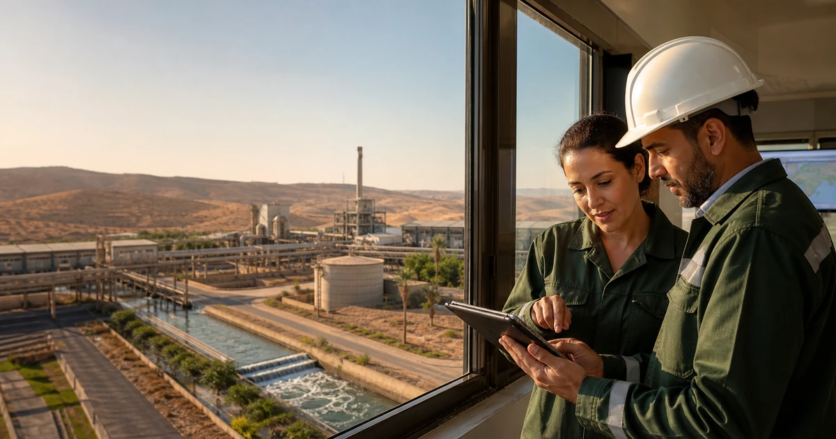 Ingénieurs marocains évaluant les risques de chaleur et de disponibilité de l’eau sur un site industriel
