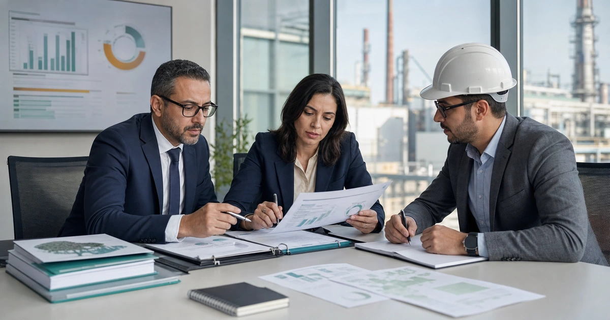 CFO et responsable ESG marocains preparant un dossier ISO 14097 de finance climat avec preuves investissement