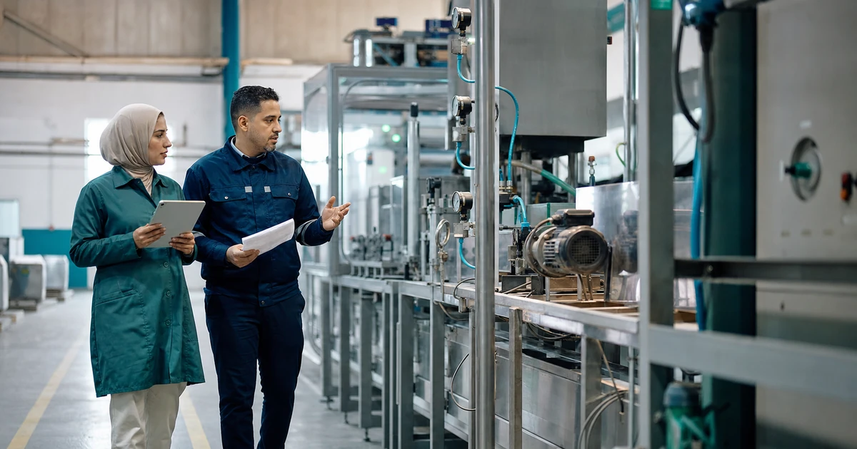 Auditeur et responsable marocains contrôlant des mesures dans une usine pour préparer un audit de système environnemental