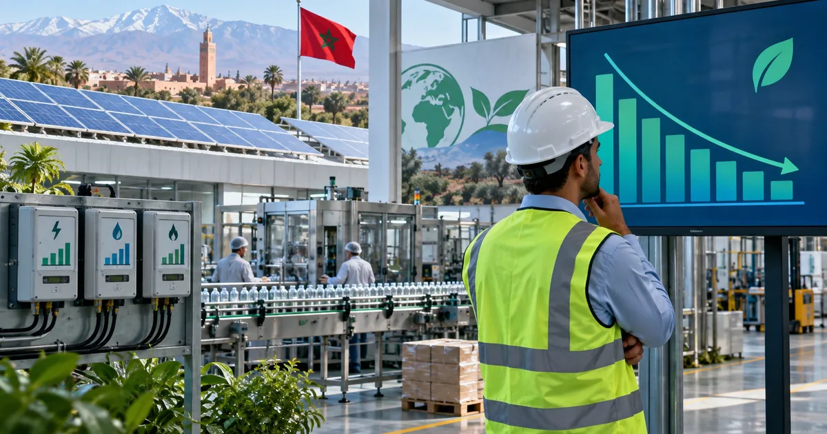 Responsable d’usine marocaine observant des compteurs énergie et une trajectoire de baisse dans une ligne de production.