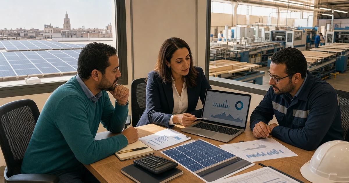 Dirigeant de PME marocaine et conseiller energie evaluant leasing solaire autoconsommation et dossier Tatwir en usine