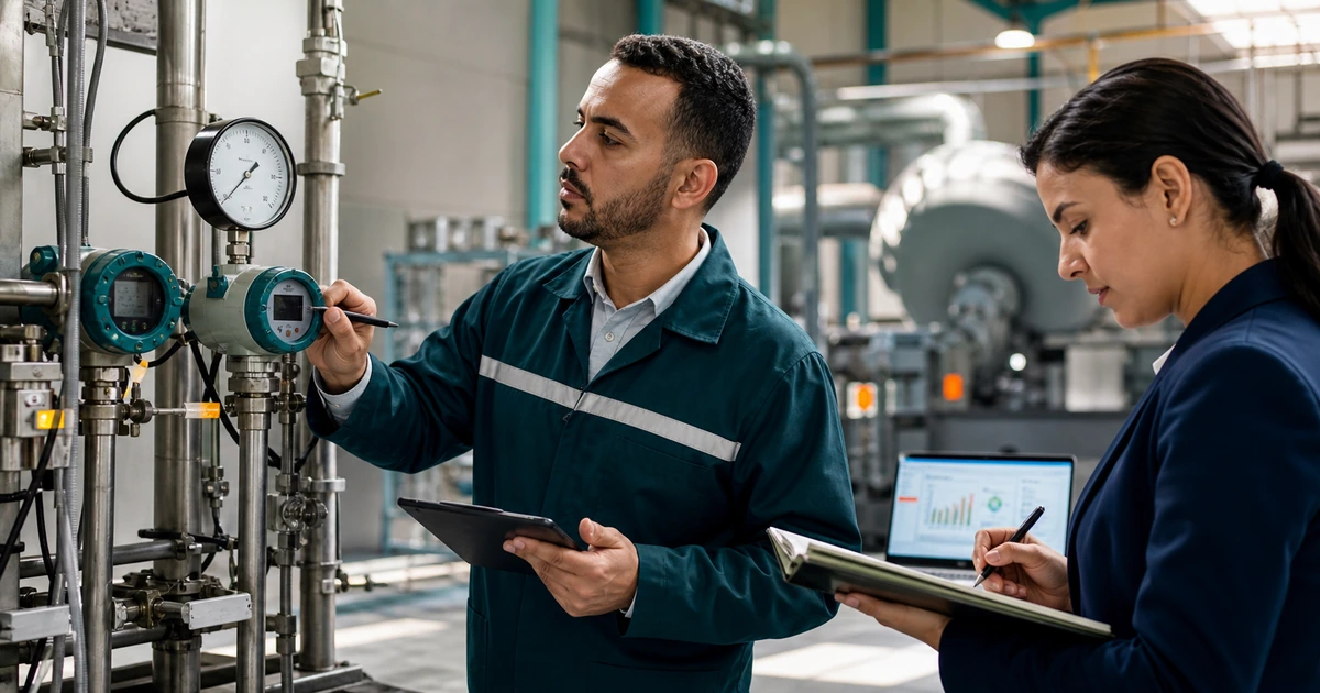 Auditeur et responsable énergie vérifiant des compteurs industriels pour preuves carbone au Maroc