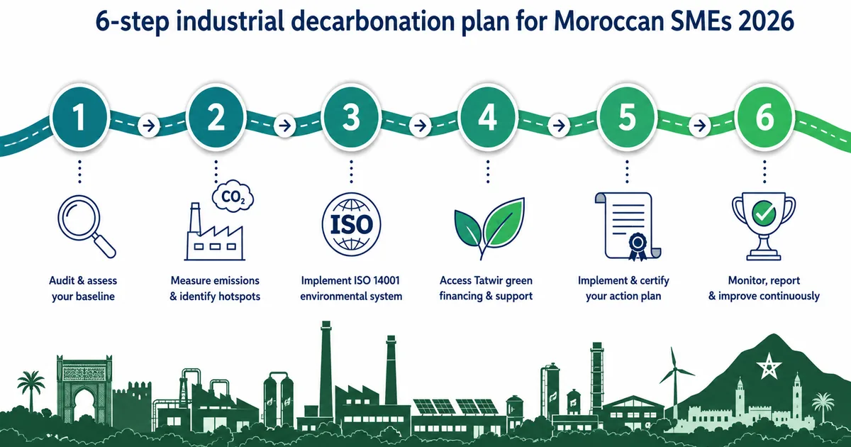 Responsable industriel marocain présentant les 6 étapes d'un plan de décarbonation pour PMI, avec diagramme de processus et indicateurs CBAM 2026