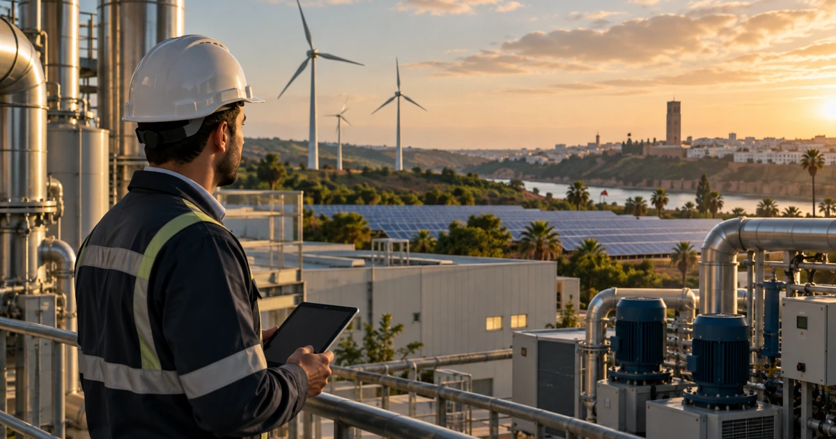 Responsable énergie observant une usine marocaine entourée de panneaux solaires et d’éoliennes.