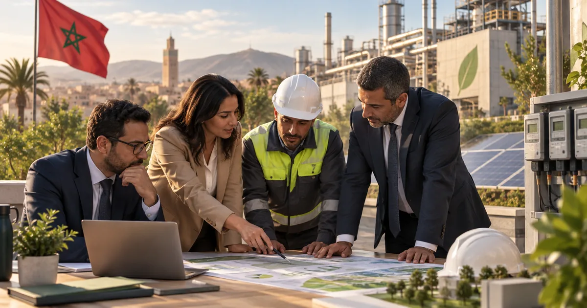 Équipe marocaine de finance et d’exploitation préparant un budget carbone devant une usine et des compteurs énergie.