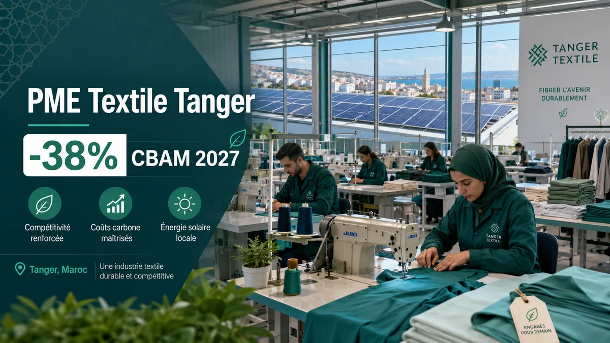 Atelier de confection textile moderne à Tanger Maroc avec machines à coudre et panneaux solaires sur le toit pour réduire les émissions carbone