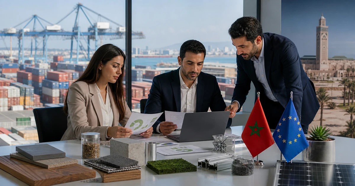 Équipe export marocaine préparant un dossier Power Export avec preuves carbone pour des clients européens