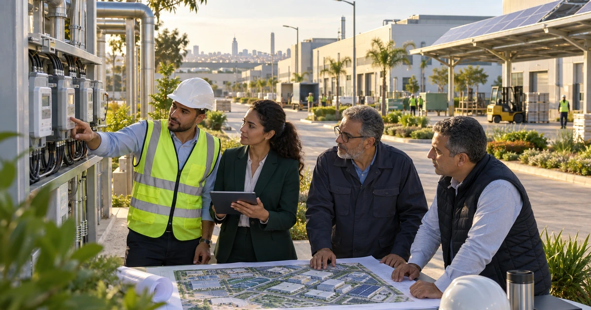 Entrepreneurs marocains et conseillers énergie préparant un projet collectif dans une zone industrielle.