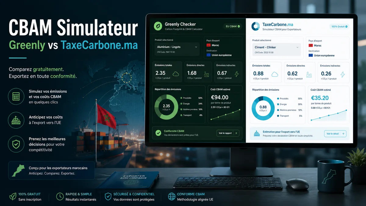 Comparatif visuel de deux interfaces de simulateurs CBAM en ligne avec graphiques côte à côte pour exportateurs marocains