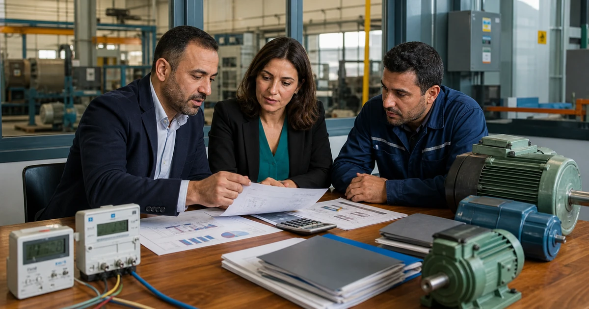 Dirigeants d’une PME marocaine préparant un financement Tatwir et bancaire pour remplacer des moteurs industriels