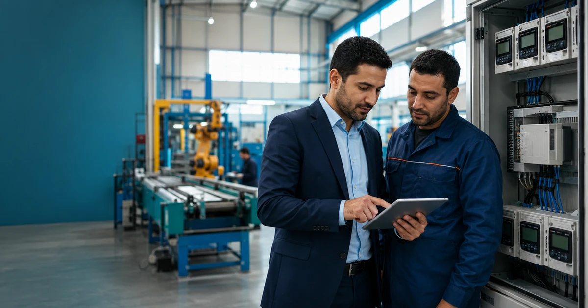 Responsable et technicien marocains examinant des sous-compteurs énergétiques dans un atelier industriel