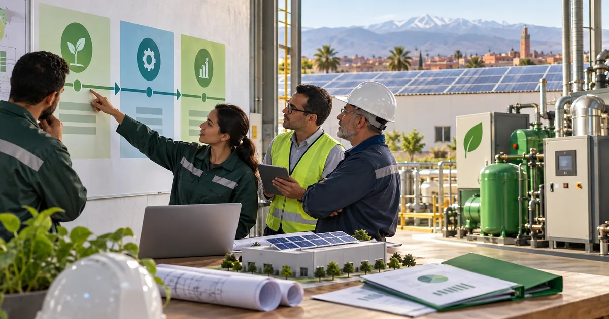 Équipe industrielle marocaine planifiant les étapes d’un projet de décarbonation avec solaire et équipements propres.
