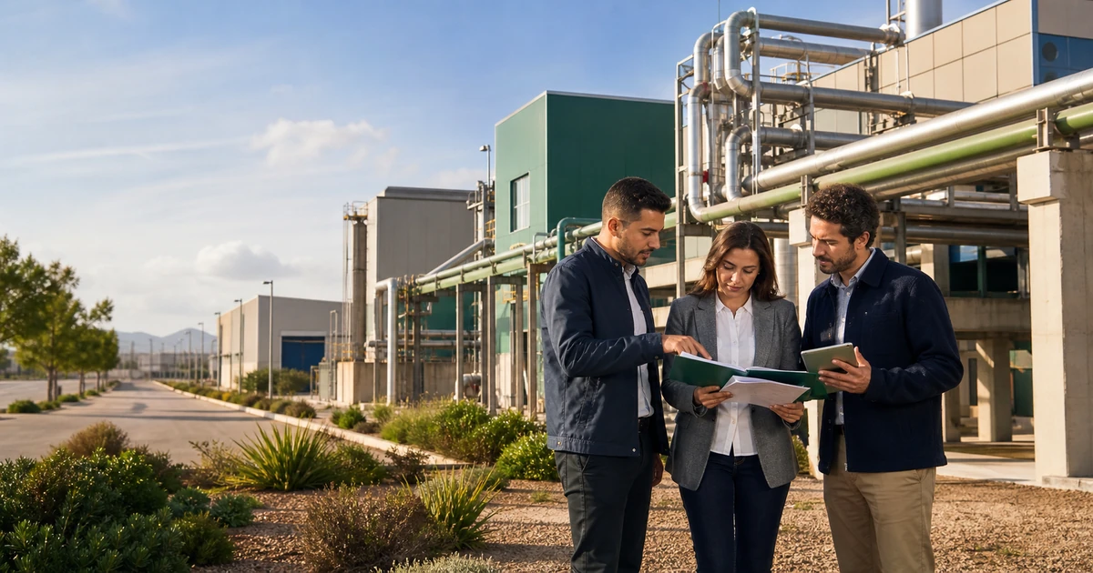 Équipe de PME marocaines préparant un dossier Tatwir pour mutualiser énergie, eau et ressources dans une zone industrielle