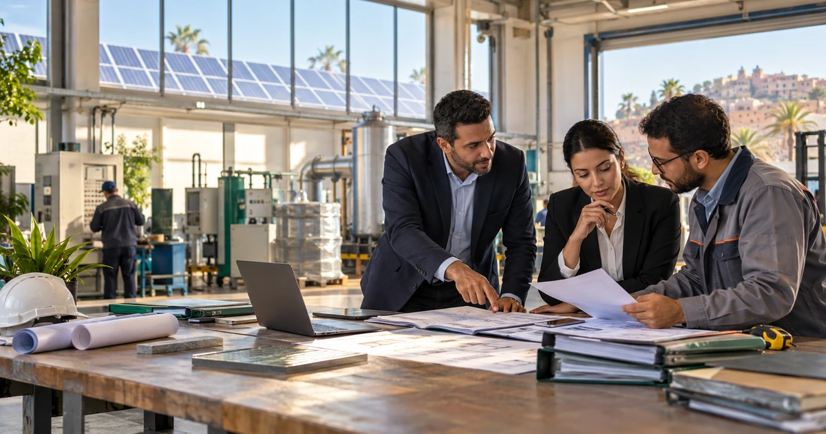 Dirigeants d’une PME industrielle marocaine comparant budget, équipements et financement d’un projet de transition énergétique.