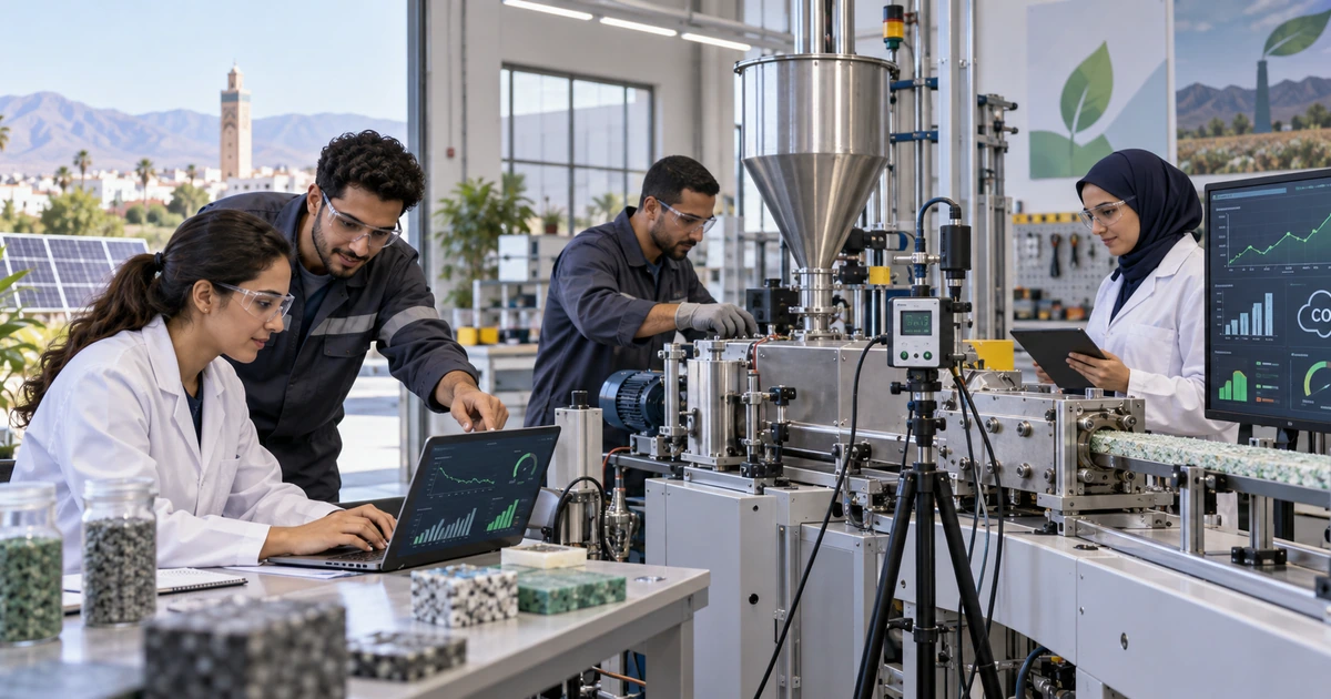 Équipe d’ingénieurs marocains testant un prototype industriel propre avec instruments de mesure énergie-carbone.